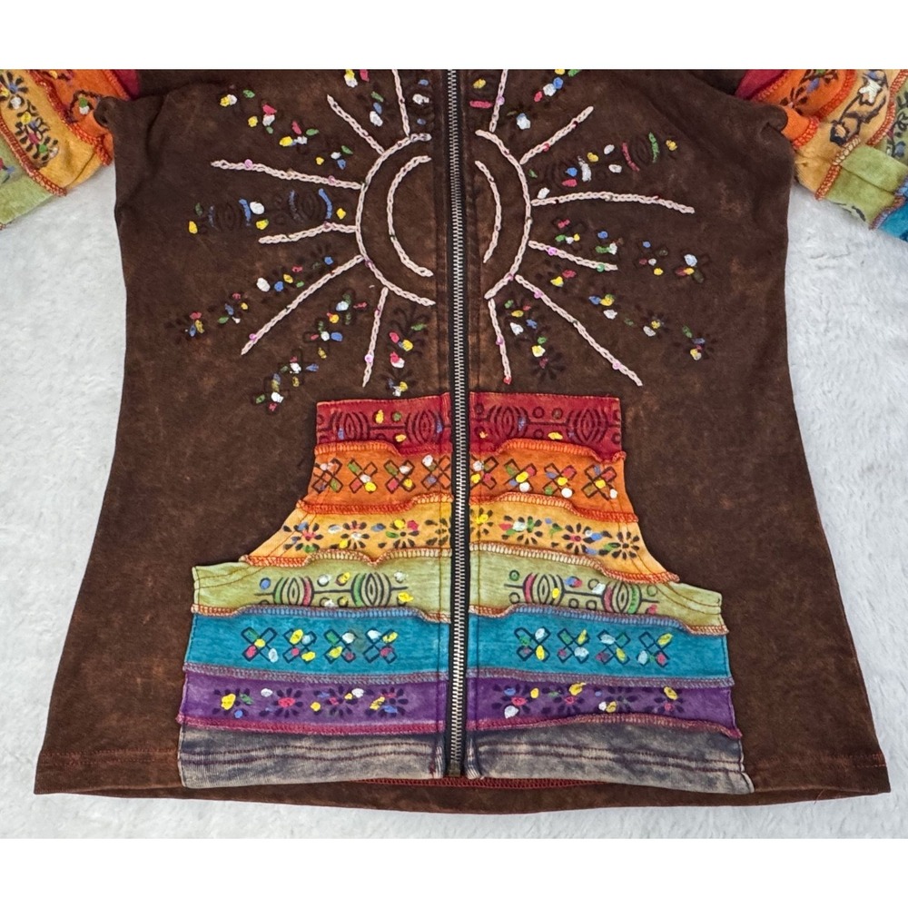 Rising International Hoodie Womens S Brown Patchwork Embroidered Boho Nepal EUC - Picture 5 of 13